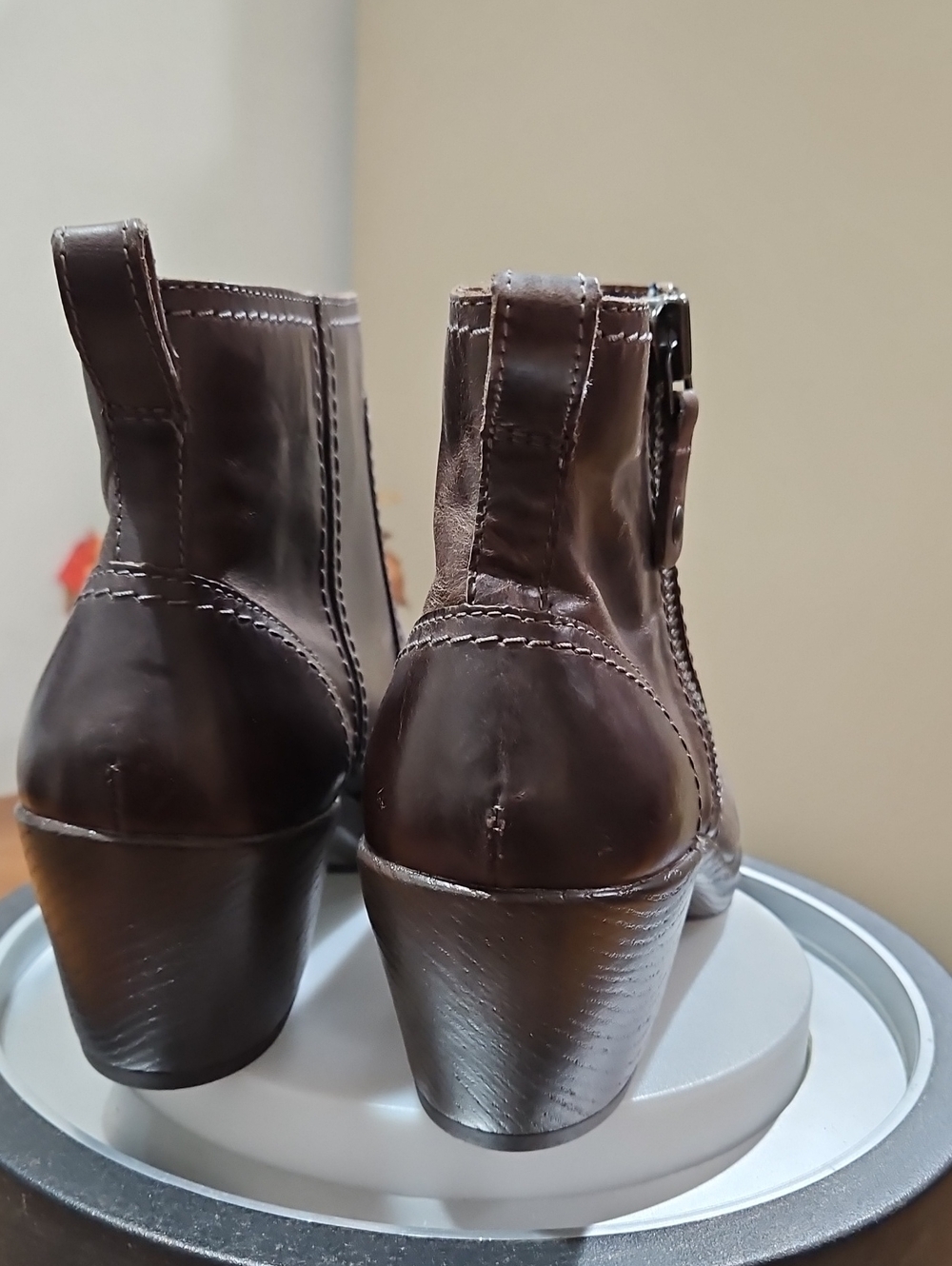 Women's Brown Leather Ankle Booties with Side Zip - Picture 11 of 14